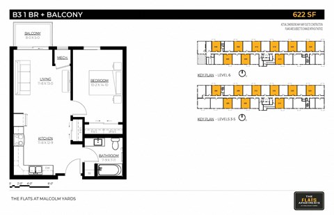 Floor plan for 1 bed, 1 bath, 622 sqft